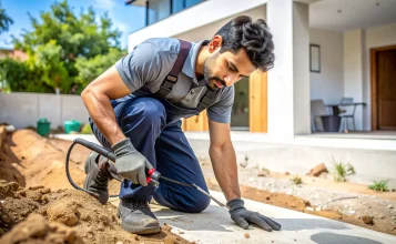 Teknisi jasa anti rayap Cikarang melakukan treatment injeksi tanah di sekitar pondasi bangunan