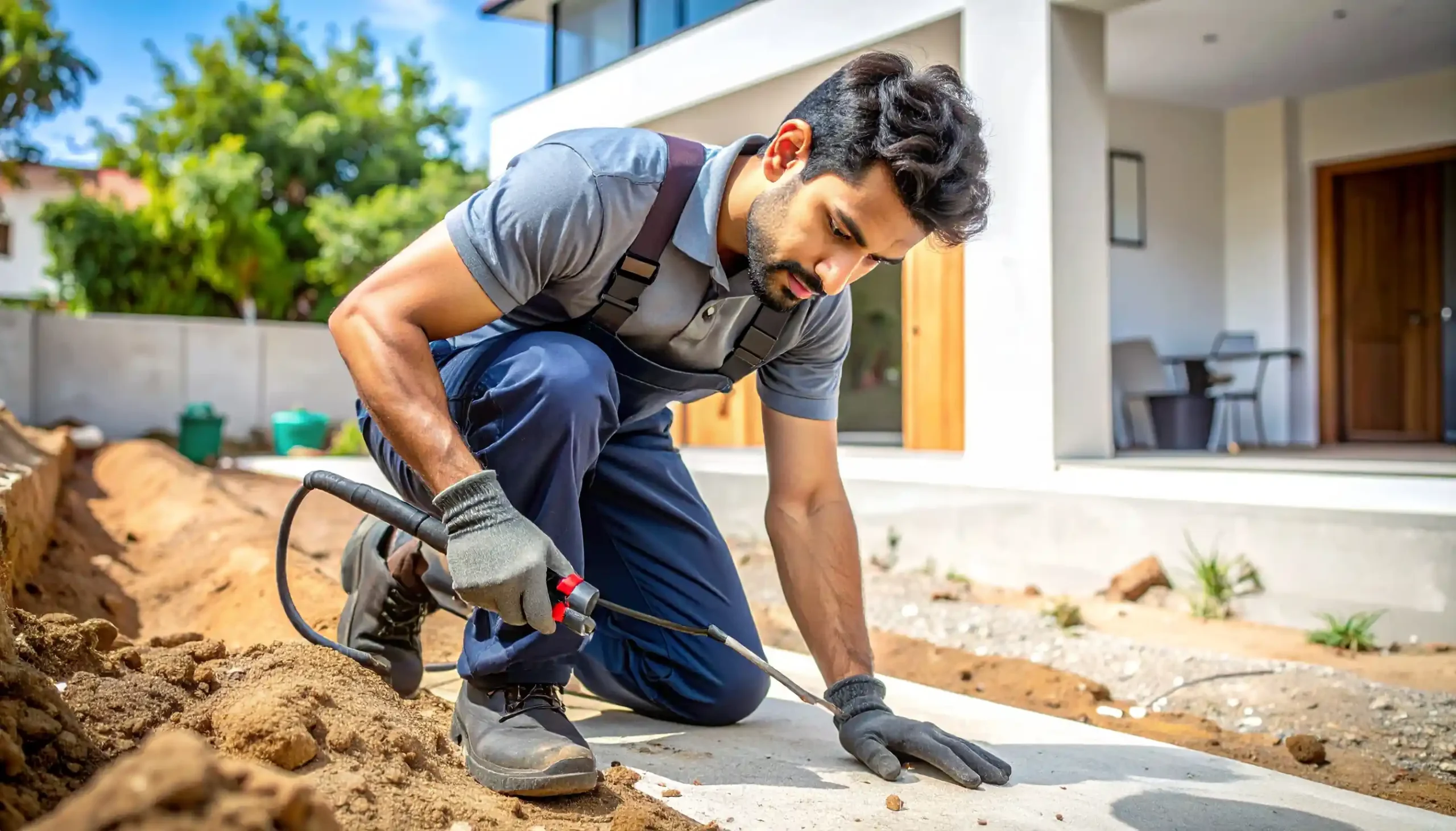 Teknisi jasa anti rayap Cikarang melakukan treatment injeksi tanah di sekitar pondasi bangunan